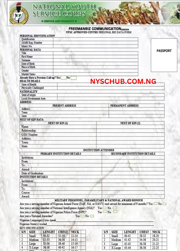Sample of NYSC Registration Form 2024